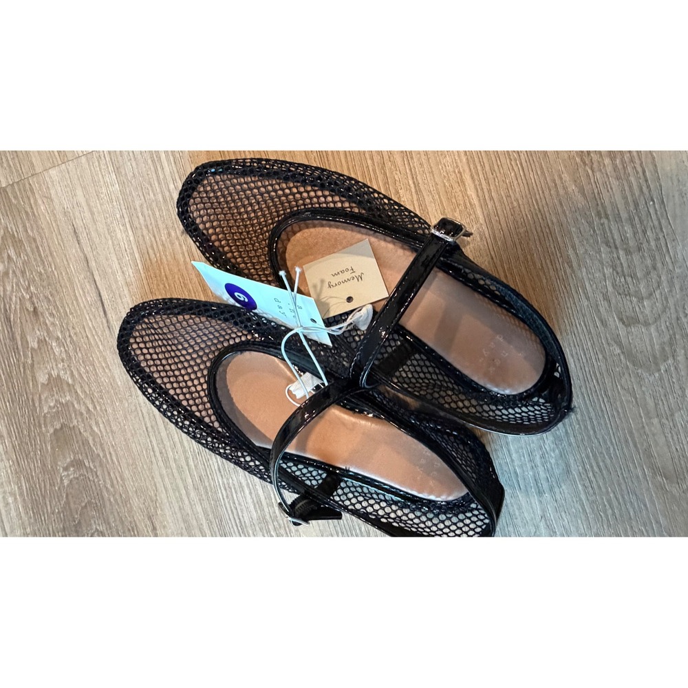 A New Day Black Mesh Mary Jane Flats Memory Foam Patent Trim Size 6